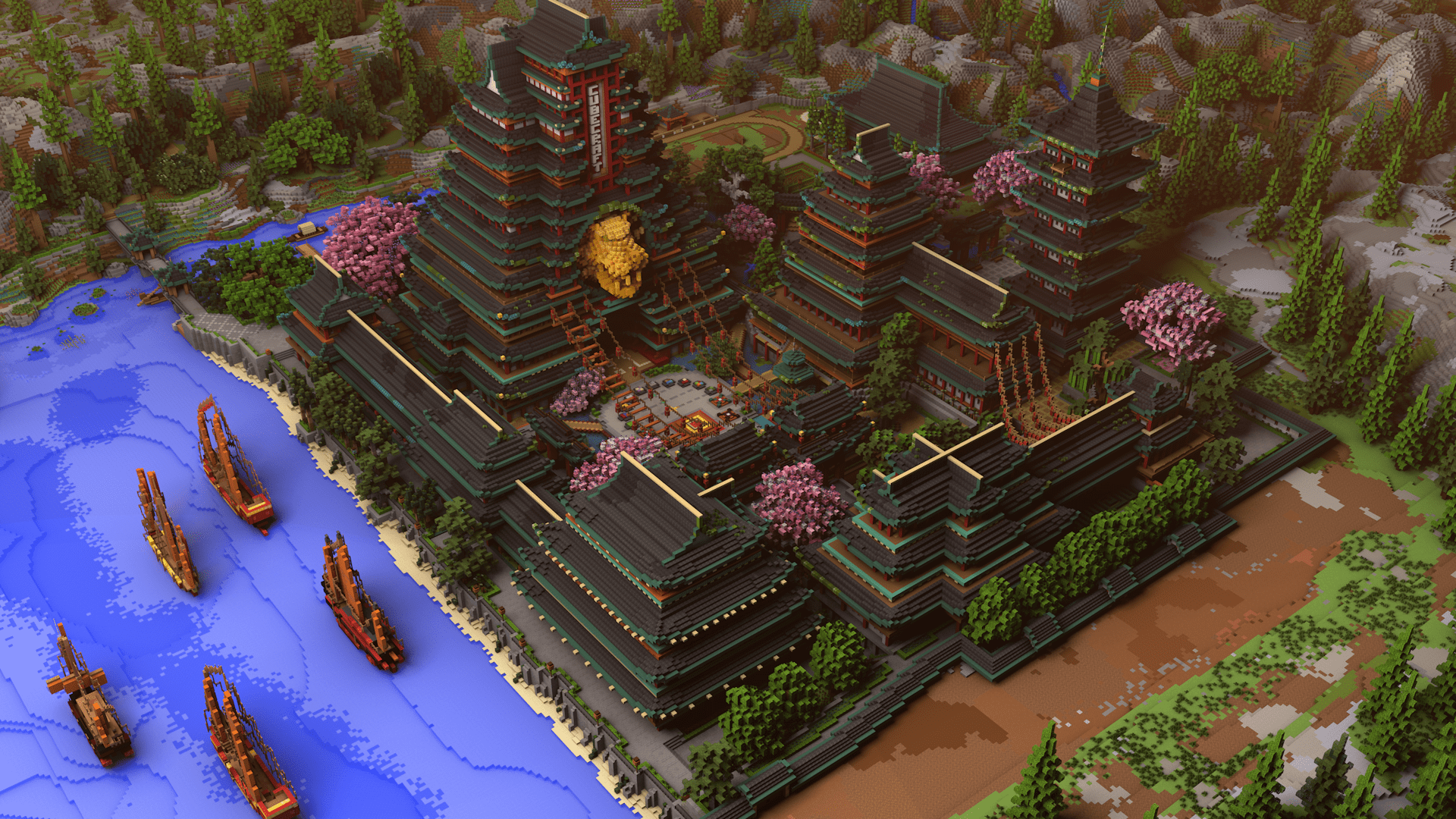 CubeCraft’s Lunar lobby viewed from above, with a central plaza, pagodas, cherry blossom trees and a harbour