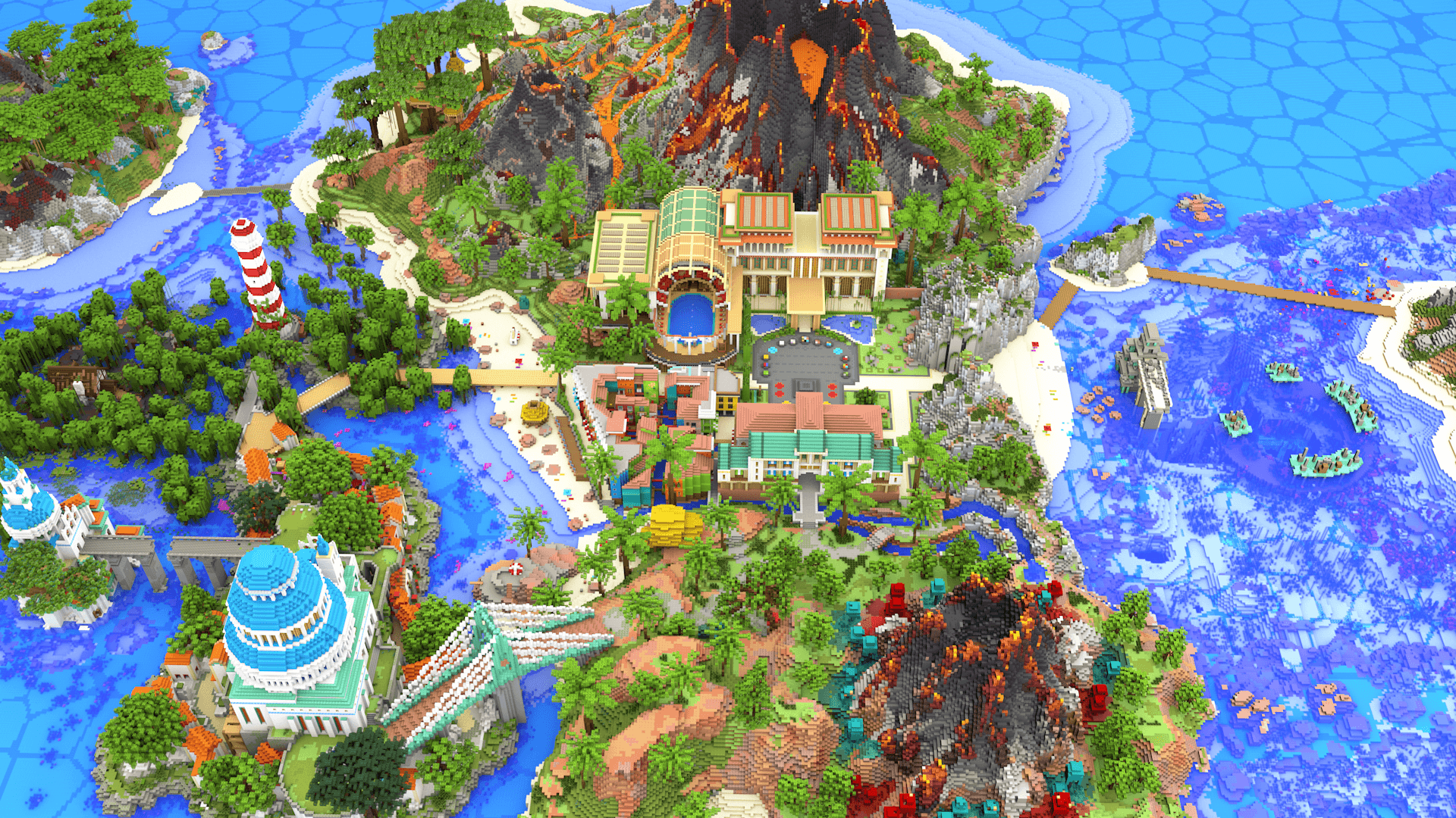 A wide aerial view of CubeCraft’s tropical summer lobby, with the central hub, islands, beaches and volcanoes