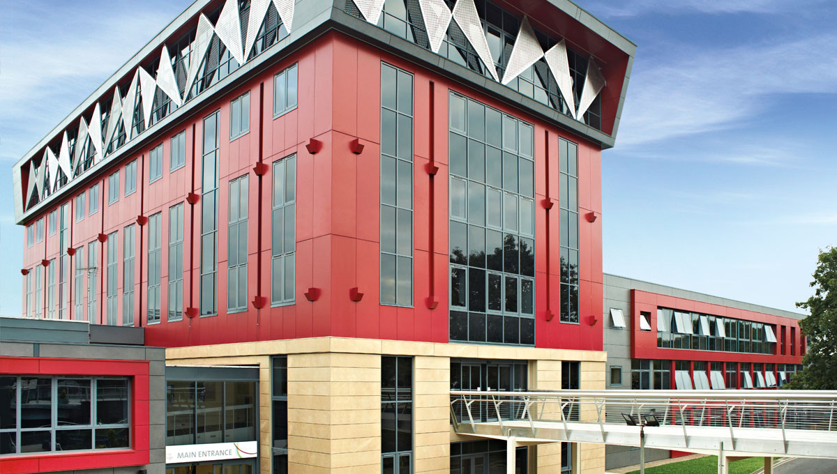 The red-clad West Notts College building and main entrance
