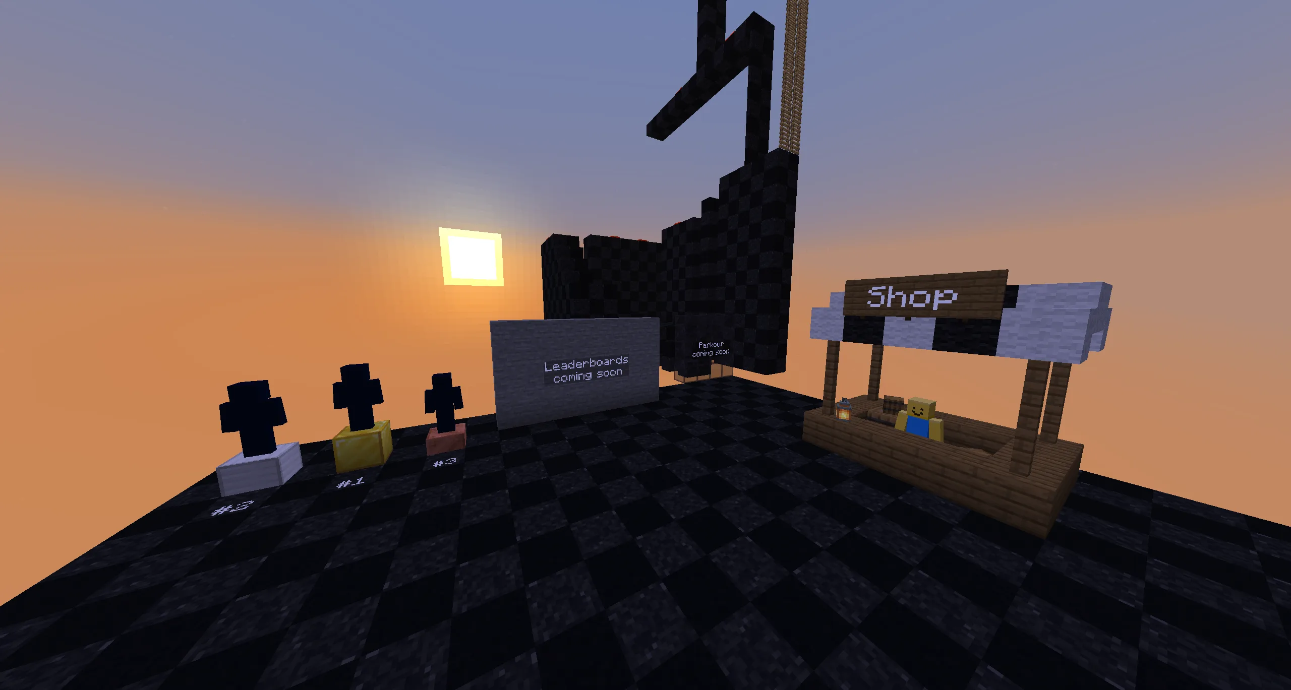 The Blindshot lobby at sunset, with a shop and leaderboard podiums