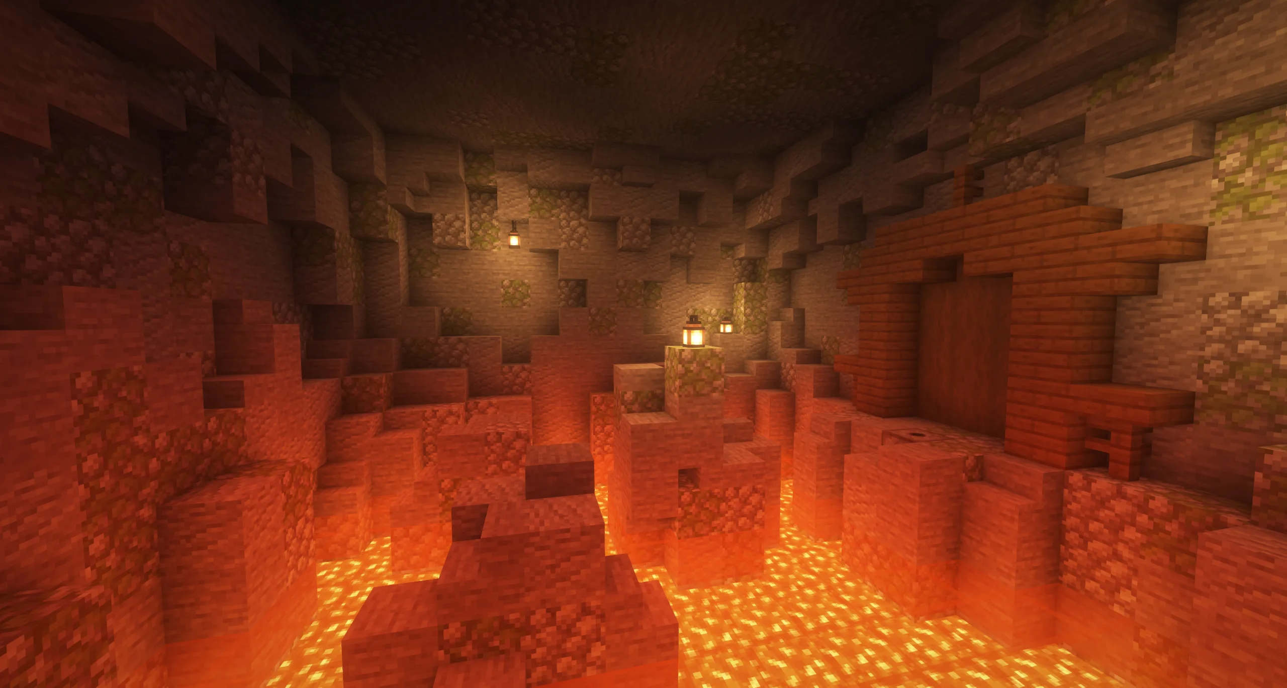 A lava-filled dungeon room in Rogue, with stone pillars and lanterns